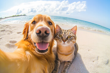 A golden retriever dog and an American Shorthair cat taking a selfie at the beach, with happy expressions