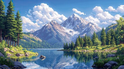 Fototapeta premium A pixel art mountain lake landscape is depicted, complete with clouds, a serene lake, and a lush forest