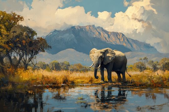 Majestic African bush elephant stands by a serene waterhole in southern natural landscape at sunset, African Bush Elephant in Natural Environment in South Africa