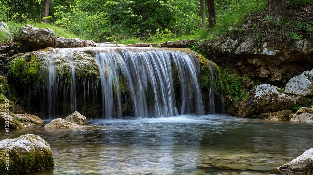 Aufkleber tranquil waterfall cascading over rocky pool surrounded by lush green forest : generative ai