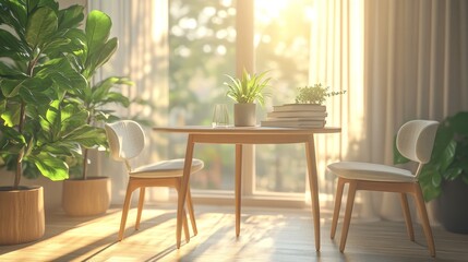 Bright and Airy Indoor Space With a Minimalist Table and Chairs, Bathed in Warm Sunlight Filtering Through Large Windows in the Morning