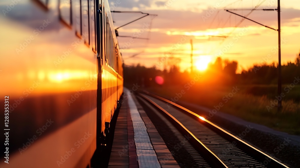 Aufkleber train traveling down tracks towards a vibrant sunset creating a sense of motion and adventure : gene