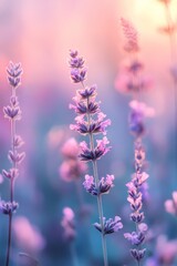 Obraz premium Colorful Wildflowers Bloom at Sunset in a Serene Meadow, Showcasing Vibrant Hues of Purple, Pink, and White Under the Soft Evening Light