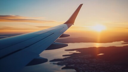 Fototapeta premium Airplane Wing Overlooking Vibrant Sunset and Scenic Landscape from the Sky : Generative AI
