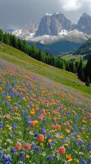 Scenic Mountain Landscape with Blooming Wildflowers on a Grassy Hillside and Forest at Daytime Under Cloudy Sky in Summer