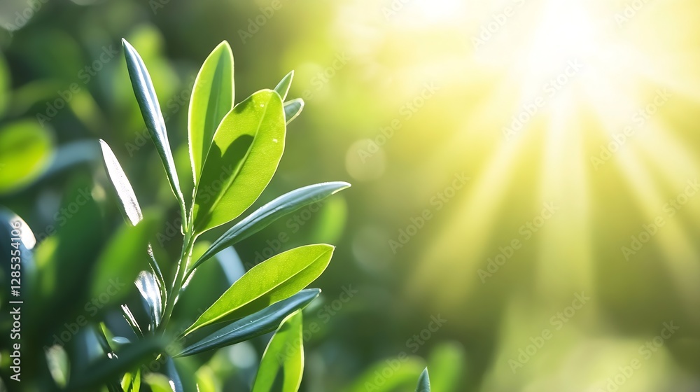 Poster Sunlight filtering through green leaves in the forest creating a serene and calming nature scene : Generative AI