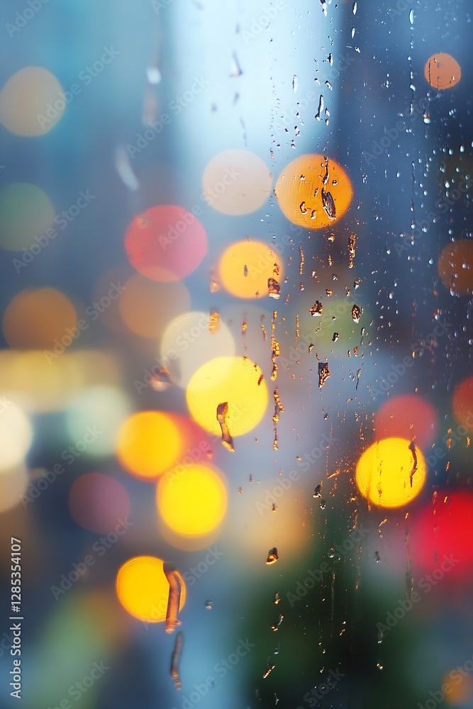 Aufkleber Colorful bokeh and raindrops on window creating a dreamy atmosphere of urban nightlife : Generative AI