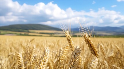 Fototapeta premium Golden Wheat Field Under Bright Blue Sky with Fluffy Clouds Captured in Natural Landscape : Generative AI