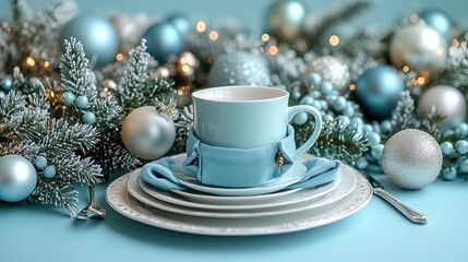 A playful Christmas party table arrangement features amusing cutlery pockets, elegant plates, napkins, a cozy mug, festive baubles, frost kissed fir twigs, and holly berries on pastel blue backdrop.