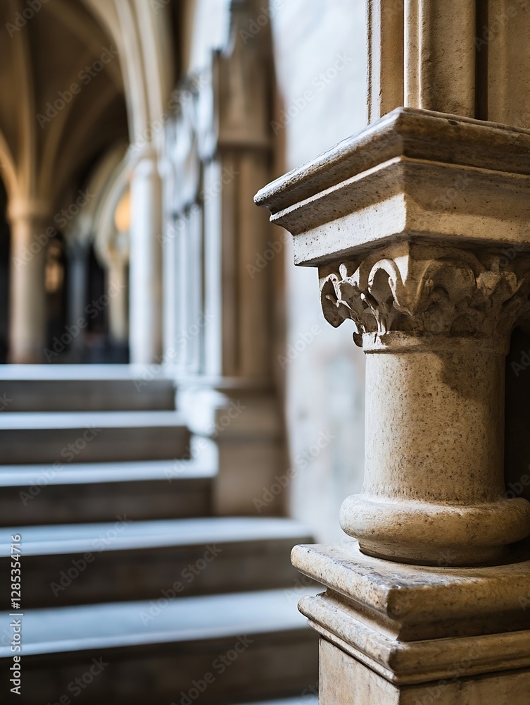 Poster intricate architectural details of historic column and staircase : generative ai