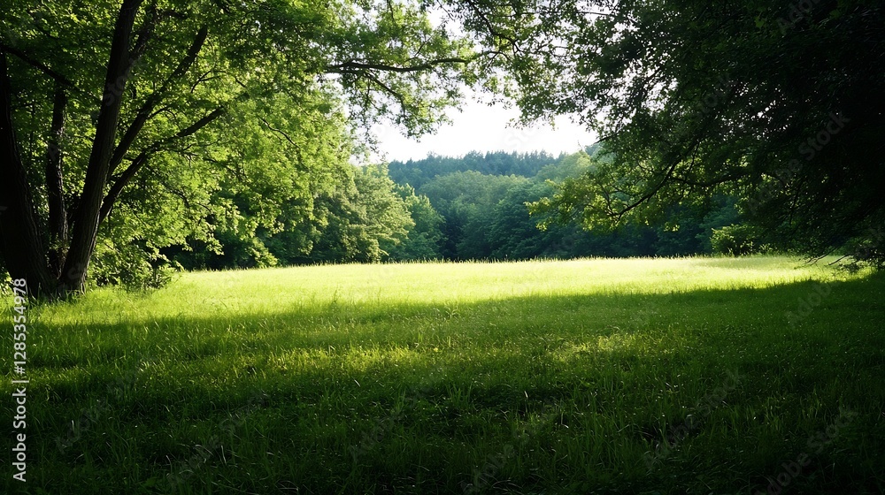Poster Serene Summer Meadow with Lush Green Grass and Dense Forest Backdrop : Generative AI