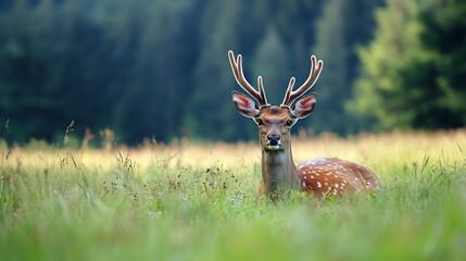 Naklejka premium Majestic deer resting peacefully in a lush green meadow surrounded by nature's beauty : Generative AI