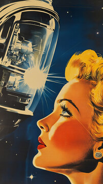 Retro sci-fi poster 1950s futuristic quantum communication advanced technology classic pulp fiction vintage aesthetic intergalactic signal transmission visionary concept,dreamy,art,wallpaper,story