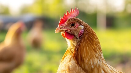 Close-Up of a Beautiful Hen with Vibrant Feathers in Green Grass : Generative AI