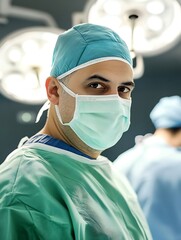 Professional Surgeon Wearing Scrubs and Mask in Operating Room Environment : Generative AI