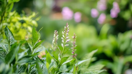 Beautiful Green Plants and Colorful Blossoms in a Lush Garden Setting : Generative AI