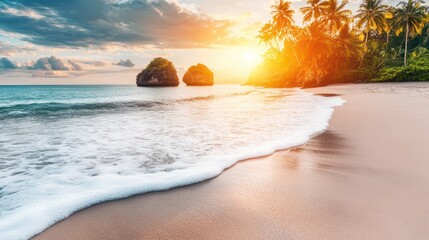 Tropical Paradise: A serene and picturesque tropical beach at sunrise, with gentle waves caressing the shore and palm trees swaying in the warm breeze.