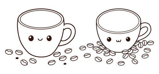 A coffee cup and saucer with coffee beans  Vector illustration with white background