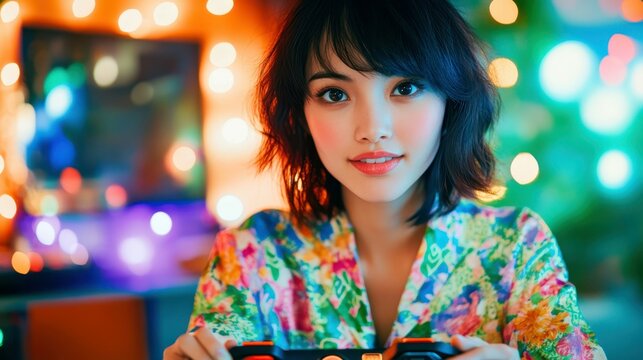 Enchanting Gamer: A captivating young woman with a warm, inviting smile, engrossed in a handheld gaming device, surrounded by a soft, colorful bokeh backdrop, bringing a sense of joy and focus.