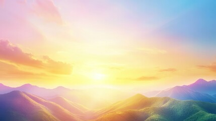 Fototapeta premium Majestic Mountain Sunrise: Captivating view of mountain range bathed in the warm embrace of a radiant sunrise, offering a serene panorama. The sky blends a symphony of colors.