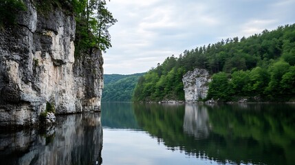 Fototapeta premium Serene Landscape of Calm Lake Surrounded by Lush Green Forest : Generative AI