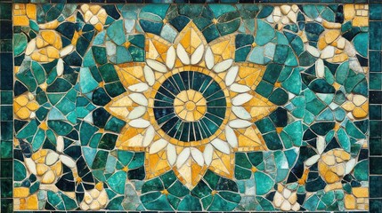 Vibrant Geometric Mosaic Art Featuring Floral Patterns and Radiant Colors