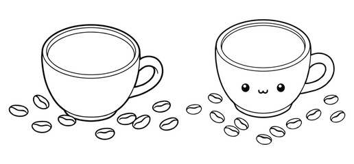 A coffee cup and saucer with coffee beans  Vector illustration with white background