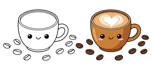 A coffee cup and saucer with coffee beans  Vector illustration with white background