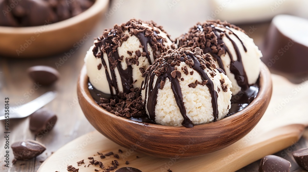 Aufkleber delicious chocolate drizzle ice cream in wooden bowl on table : generative ai