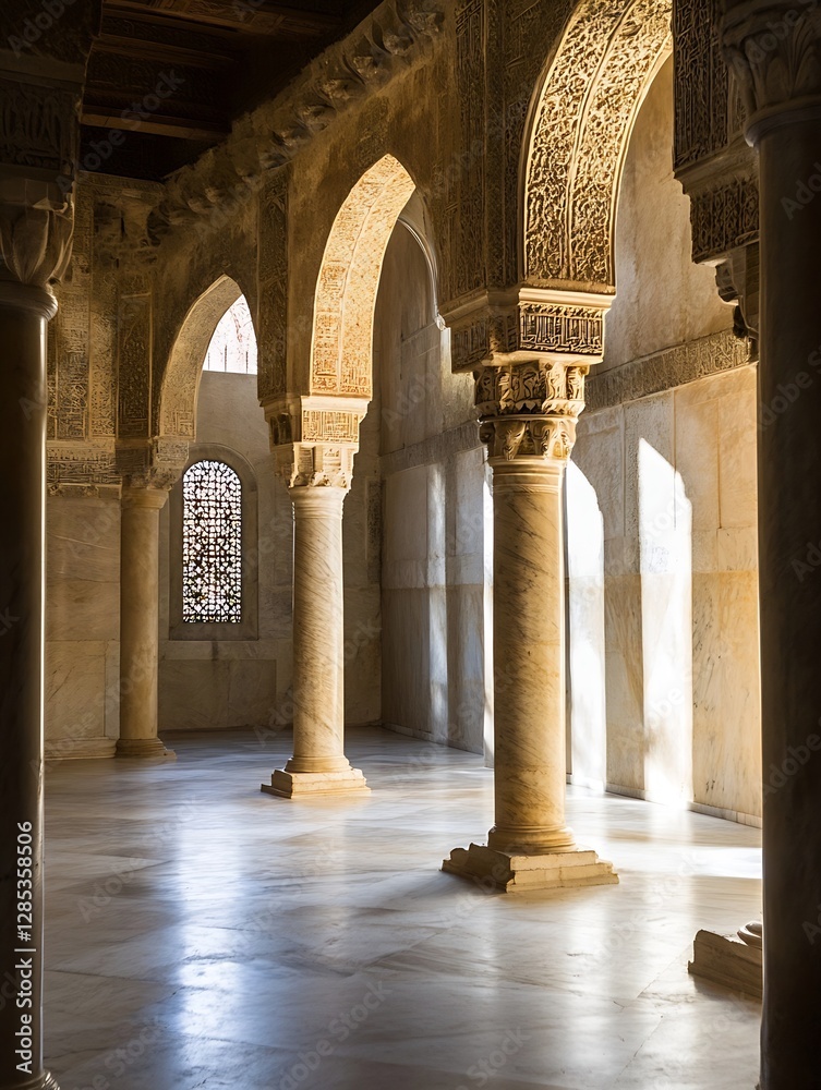 Poster stunning historical architecture with intricate arches and sunlight illuminating a grand space : gen