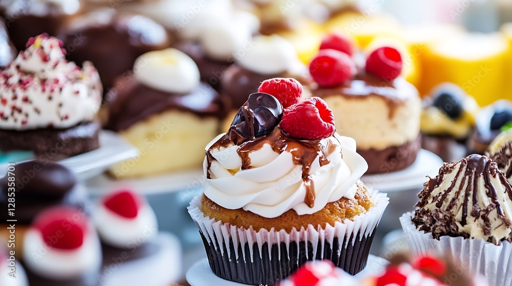 Poster gourmet cupcakes topped with berries and chocolate on display : generative ai