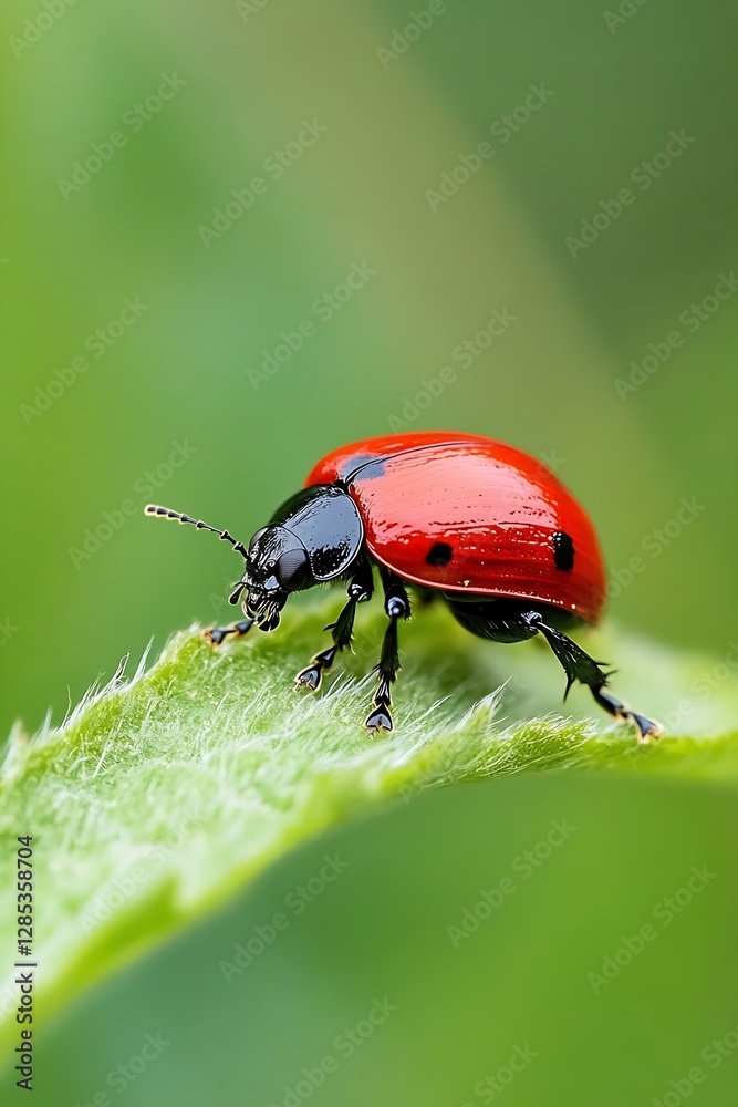 Poster close up of a bright red ladybug on green leaf in nature's beautiful environment : generative ai