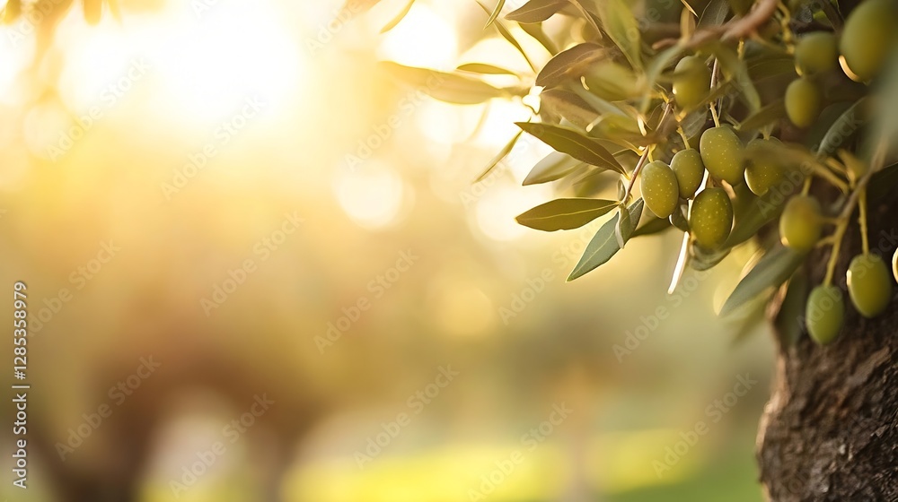 Poster golden sunlight glimpsing through olive tree branches : generative ai