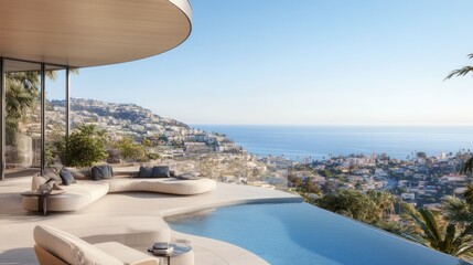 Fototapeta premium Modern luxury villa with infinity pool overlooking ocean and city.