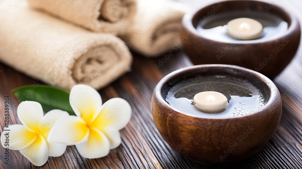 Poster relaxing spa experience with floating candles and plumeria flowers in natural settings : generative 