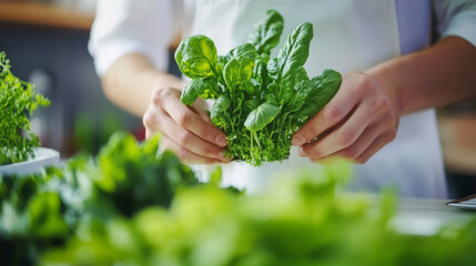 Fresh leafy greens preparation kitchen cooking process home close-up healthy eating concept