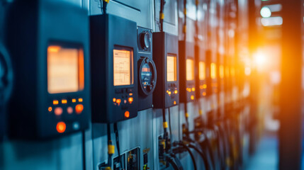 Industrial power management systems in urban settings advanced energy solutions high-tech environment close-up perspective