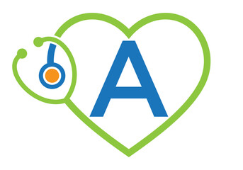Initial Letter A Medical Logo Concept With Heart and Stethoscope Symbol For Healthcare and Medical Sign