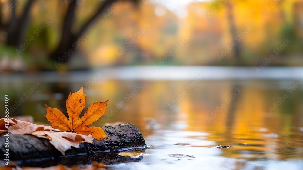 Aufkleber serene autumn reflection with vibrant maple leaf on a tranquil riverbank : generative ai