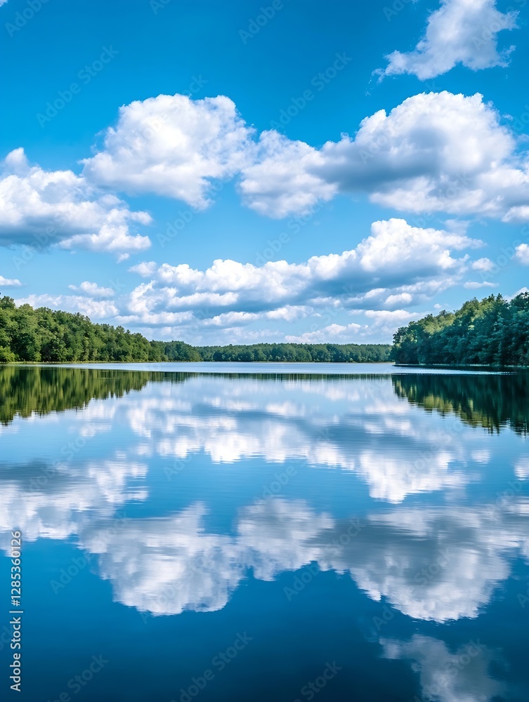 Poster Stunning Reflection of Clouds Over Serene Lake Surrounded by Lush Green Forest : Generative AI