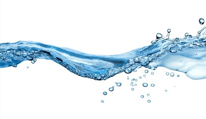 Abstract image of flowing water with air bubbles on a white background. Dynamic wave with splashing droplets. Cool blue tones. Clean and refreshing