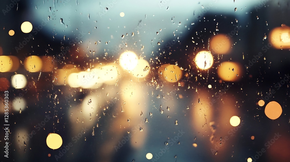 Aufkleber Rainy City Landscape Blurred Through a Wet Window Capturing Bokeh Lights and Atmospheric Mood : Generative AI