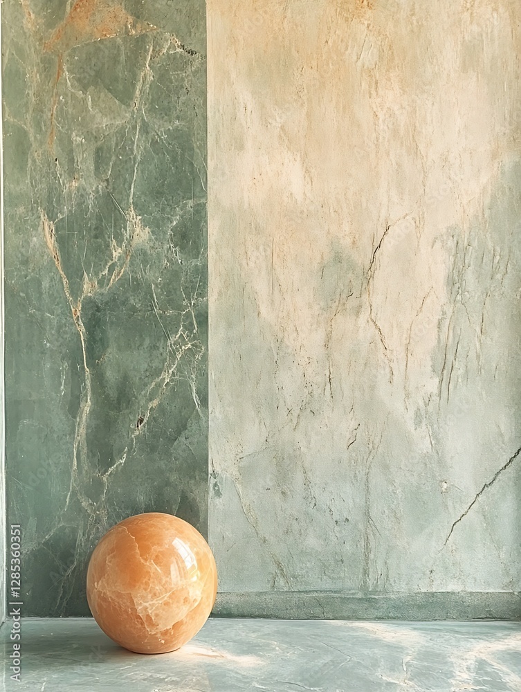 Poster Stylish Marble Wall with a Polished Sphere Creating a Modern Aesthetic and Tranquil Interior Design : Generative AI