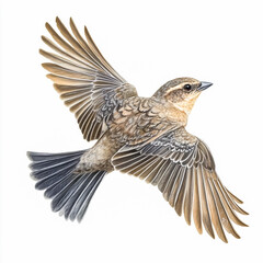 Obraz premium A sparrow in flight, isolated on a white background