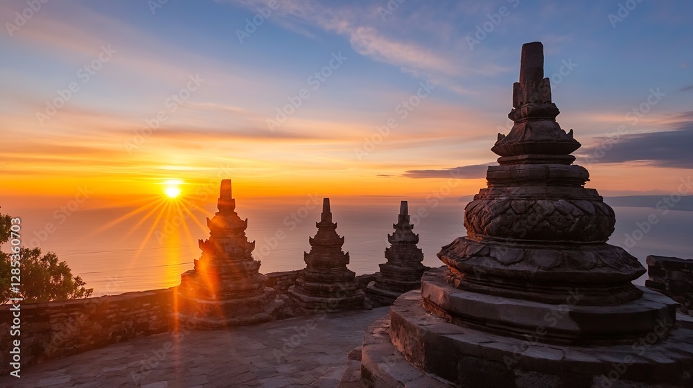 Poster stunning sunrise over ancient temple structures with vibrant colors and serene views : generative ai