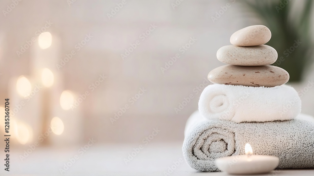 Aufkleber Calming Spa Setup with Stacked Towels and Stones on Soft Surface : Generative AI