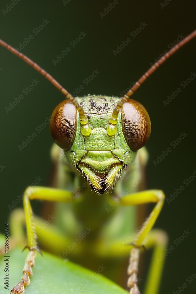 Poster extreme close up of a vibrant green grasshopper in nature : generative ai