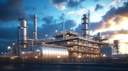Obraz premium Industrial Refinery at Sunset: A Majestic View of Modern Technology