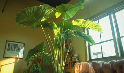 Obraz premium Stylish Living Room With Greenery Featuring Large Potted Plant and Cozy Sofa in a Bright, Sunlit Space