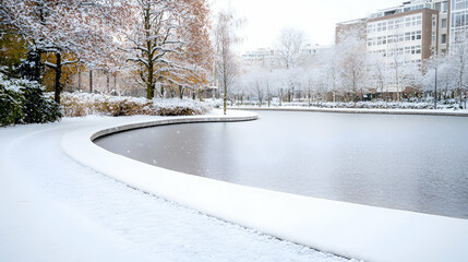 Snowy park path curves by winter pond, city background. Winter landscape photo for travel brochures